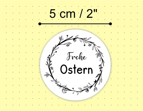 Sticker Aufkleber Frohe OSTERN, Blütenkranz, rund 5cm schwarz weiß